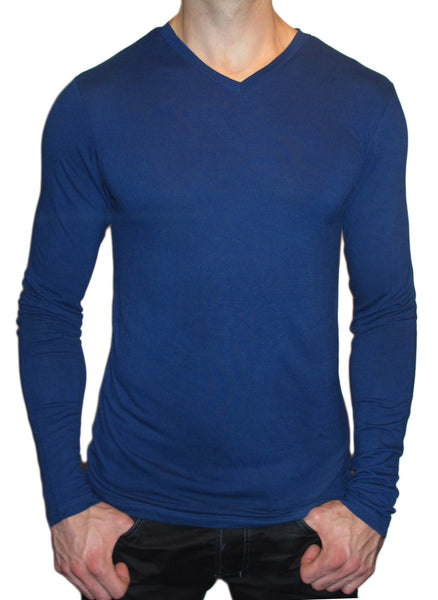 blue v-neck high mens long sleeve bamboo