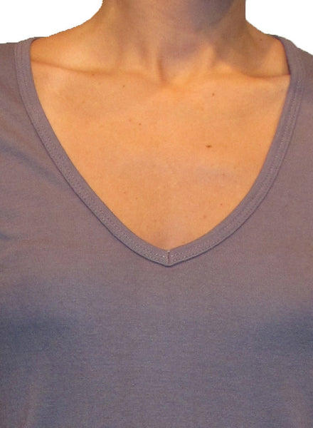 grey short sleeve v neck shirt